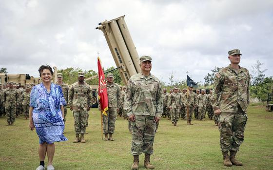 Guam Gov. Lou Leon Guerrero, right, poses beside Brig. Gen. Michael Cruz, adjutant general of the Guam National Guard, center, and Lt. Col. Jonathan Stafford, commander of Task Force Talon, during a visit to the Terminal High Altitude Area Defense, or THAAD, site, on Guam, May 9, 2024. 