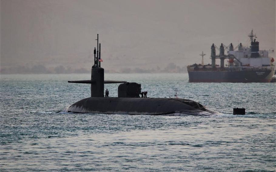 Guided-missile submarine USS Florida transits the Suez Canal en route to the Red Sea on April 7, 2023.