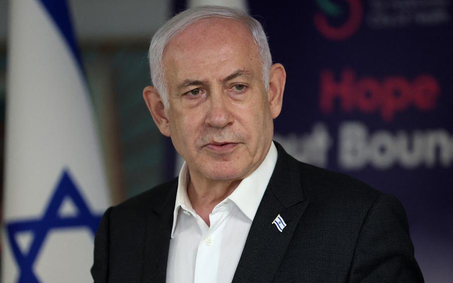 Israeli Prime Minister Benjamin Netanyahu holds a press conference at the Sheba Tel-HaShomer Medical Centre, in Ramat Gan, Israel, on June 8, 2024. 