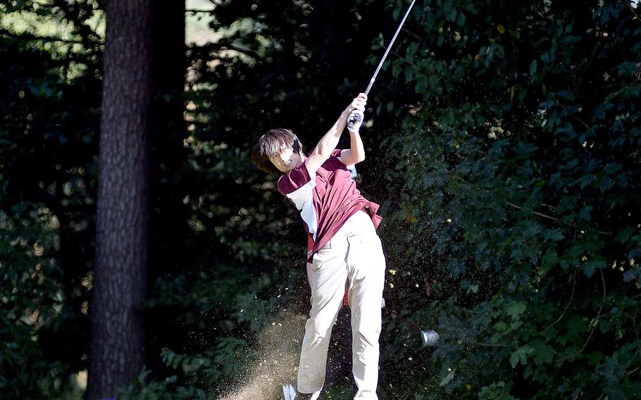 Vilseck golfer Jacob Hwang tees off on the No. 1 hole at Woodlawn Golf Course on Sept. 28, 2023, on Ramstein Air Base, Germany.