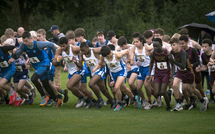 More than 130 male runners from thirteen schools from across Germany, Netherlands, Switzerland, and Belgium, begin their 5,000-meter race in Vilseck, Sept. 14, 2024.