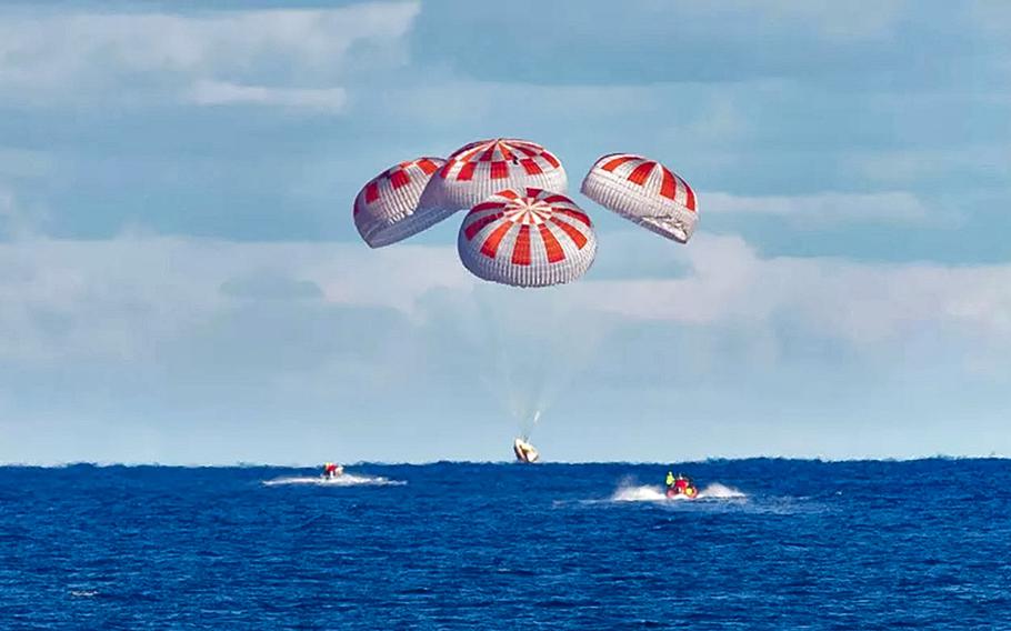 The SpaceX Crew Dragon Endurance safely splashes down to conclude the Crew-7 mission and bring four astronauts back to Earth on March 12, 2024.