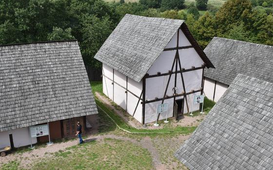 The watchtower at the Keltendorf am Donnersberg in Steinbach am Donnersberg, Germany, offers this view of the replica Celtic village. Visitors can take a village tour, which ends with a drink: mead for adults and apple juice for children.