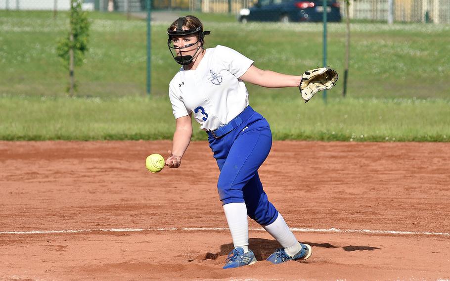 Rota senior Mady Orlowski pitches against Spangdahlem during the Divisions II/III DODEA European softball championships May 22, 2024, on Ramstein Air Base, Germany.
