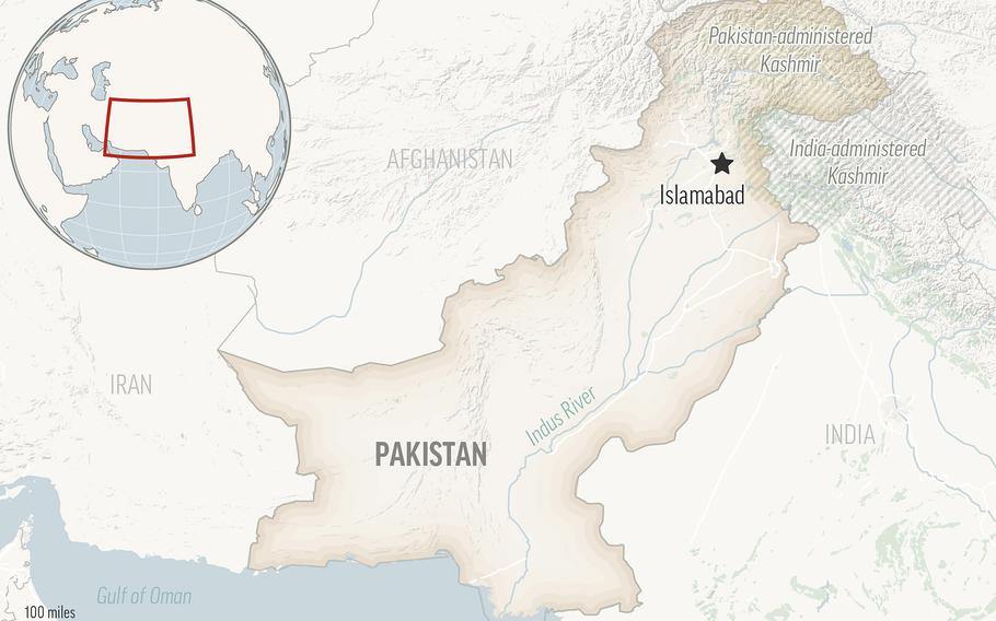 This is a locator map for Pakistan with its capital, Islamabad.