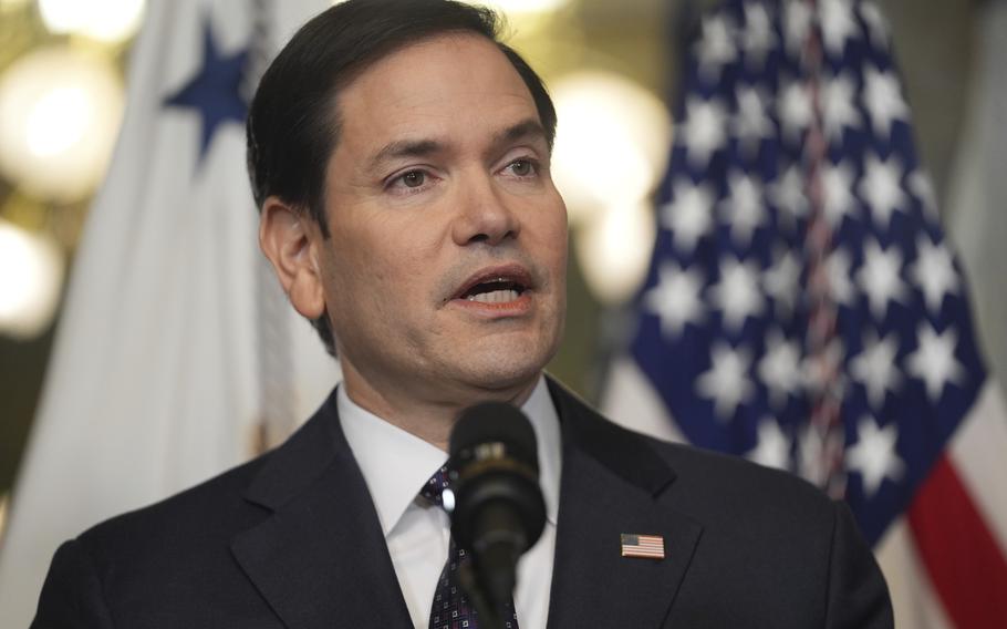 Secretary of State Marco Rubio speaks after being sworn in by Vice President JD Vance in the Vice Presidential Ceremonial Office in the Eisenhower Executive Office Building on the White House campus, Tuesday, Jan. 21, 2025, in Washington. 