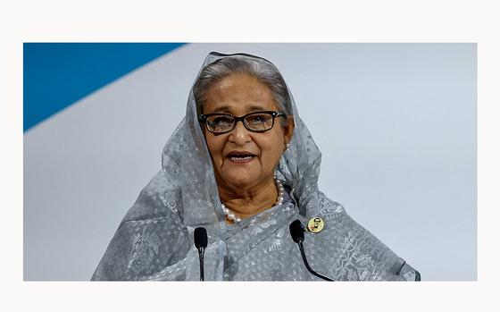 Bangladesh Prime Minister Sheikh Hasina speaks during the opening ceremony of the Paris Peace Forum at the Grande Halle de la Villette in Paris on Nov. 11, 2021. (Ludovic Marin/AFP via Getty Images/TNS)