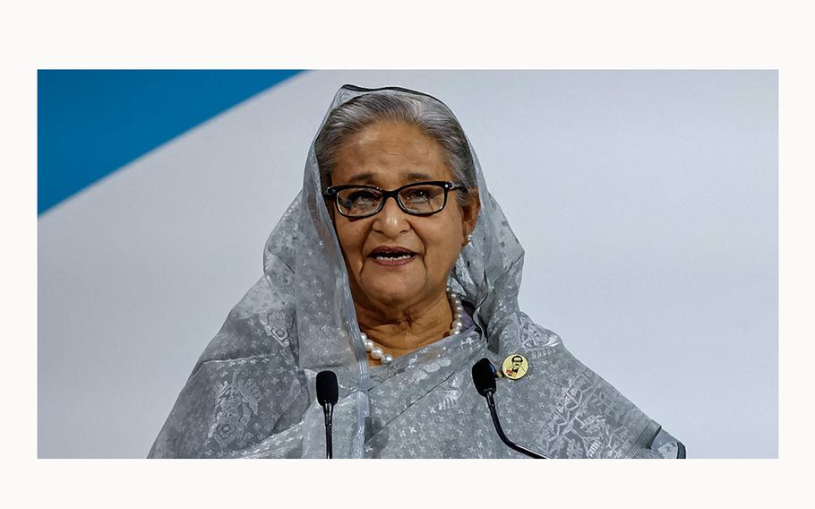 Bangladesh Prime Minister Sheikh Hasina speaks during an event in Paris on Nov. 11, 2021. 