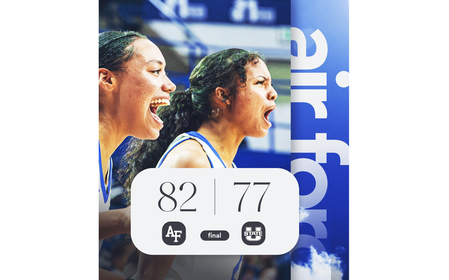 Two female basketball players with the Air Force Falcons, obscured partly by a score counter.