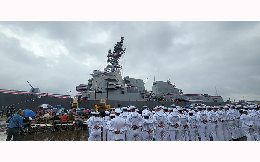 A few thousand sailors, veterans and their families at the commission ceremony of new naval destroyer USS Carl M. Levin.