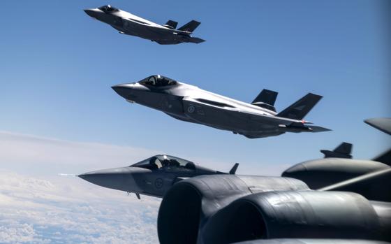 Norwegian air force F-35 Lightning IIs and a Swedish air force Saab JAS 39 Gripen fly off the wing of a U.S. Air Force B-52H Stratofortress during a mission over Europe on June 18, 2024. The head of U.S. European Command and NATO’s supreme allied commander, Gen. Christopher Cavoli, said July 18, 2024, that European allies have realized they must do more for their defense.