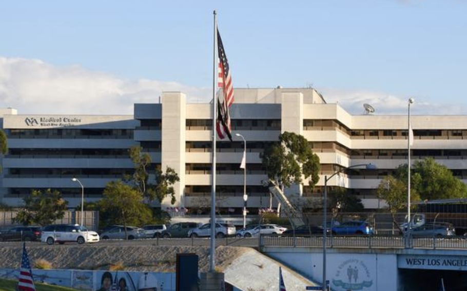 The Department of Veterans Affairs campus in West Los Angeles is shown in February 2022. A lawsuit filed on behalf of homeless veterans is seeking to force the VA to build 4,000 housing units on 388 acres. The land was bequeathed to the VA in the 1800s for the designated purpose of housing war veterans. The land is located in one of the more affluent areas of Los Angeles, and the VA has been leasing sites to commercial businesses.