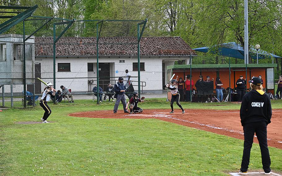 Stuttgart’s Jaylee Brown stands in against Vilseck pitching in the second game of a doubleheader on Friday, April 26, 2024, in Vilseck, Germany.