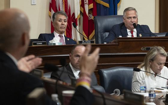 Rep. Mark Takano, D-Calif., left, and Rep. Mike Bost, R-Ill., listen to speakers during a House Committee on Veterans’ Affairs meeting on voter registration at VA facilities on Sept. 10, 2024.