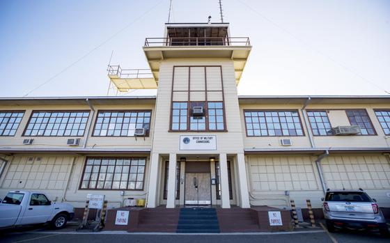 Exterior view of the front of a military office building at Guantanamo Bay Naval Base, Cuba.