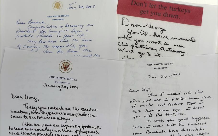 Letters from former presidents left for their successors are photographed Saturday, Jan 18, 2025, in Washington. 