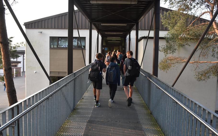 Students head to class after the first bell rings at Ramstein Middle School in Germany, Aug. 19, 2024. More than 750 students are enrolled there for the 2024-2025 school year. Most DODEA schools in Europe and the Asia-Pacific region started the new school year Monday.