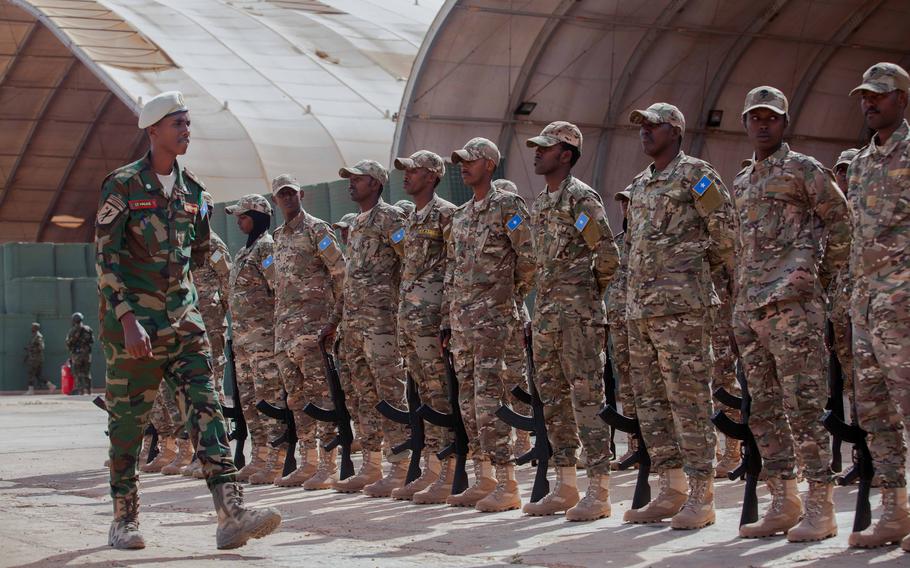 A line of Somali soldiers stand at attention.