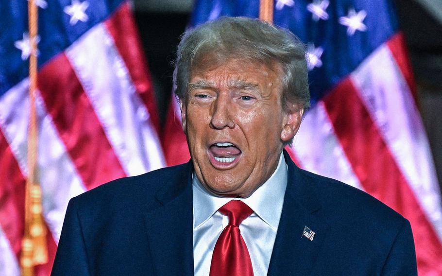 Former US President Donald Trump delivers remarks at Trump National Golf Club Bedminster in Bedminster, New Jersey, on June 13, 2023. 