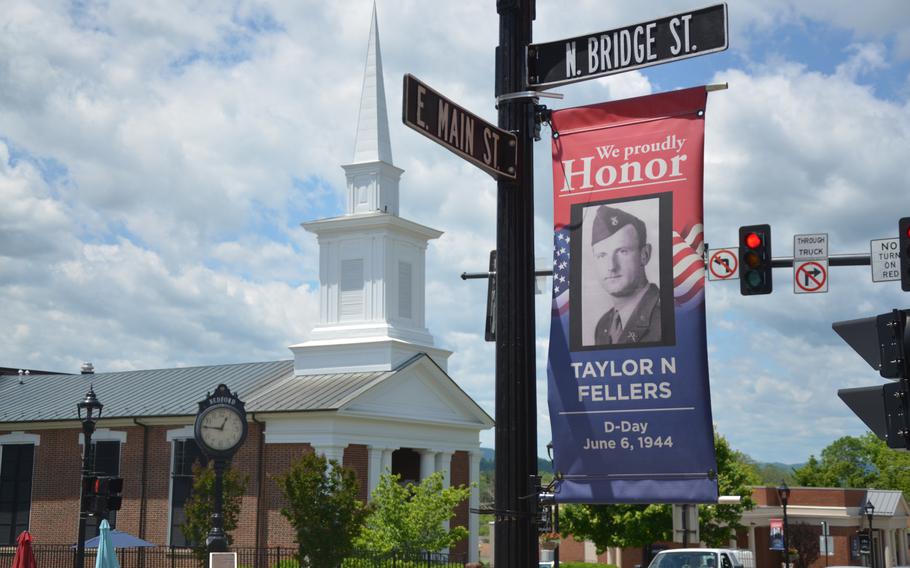 Flag of Capt. Taylor Fellers on the main thoroughfare through Bedford, Va., on May 11, 2024. The town and county of Bedford suffered the most casualties from D-Day of any community in the country. Fellers died four days short of turning 30.