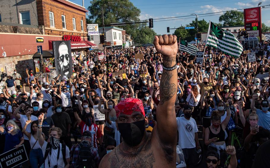 Protesters rally on June 5, 2020, at the site of a makeshift memorial to George Floyd in Minneapolis. 