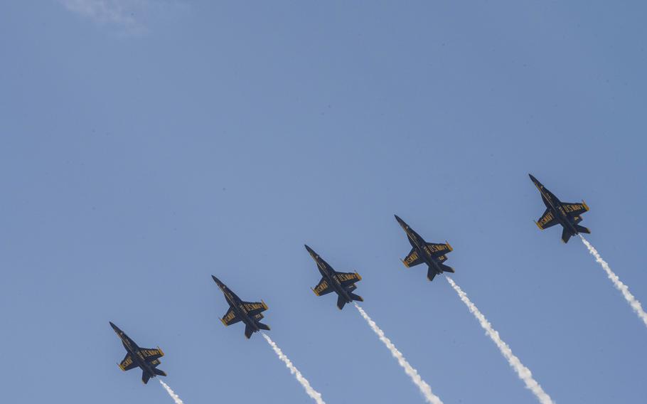 The Blue Angels preform at the Frontiers in Flight Air Show on Aug. 24, 2024, at McConnell Air Force Base, Kan. 