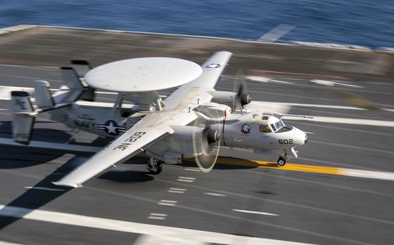 An E-2D Advanced Hawkeye lands on the flight deck of the aircraft carrier USS Carl Vinson while underway in the Pacific Ocean, June 12, 2024. A Defense Department Inspector General report found the Navy isn’t tracking deficiencies discovered during operational testing of the aircraft. 

