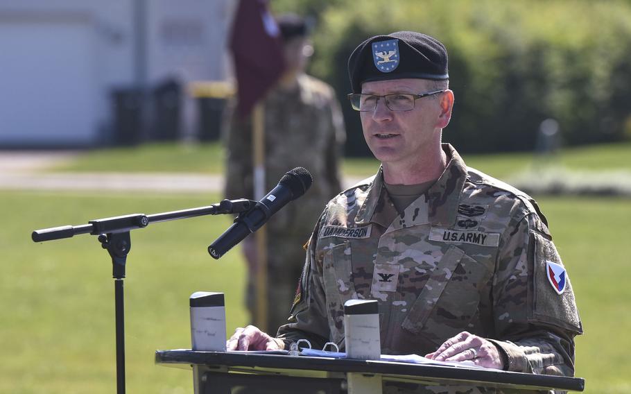 Col. Troy Danderson gives his first speech as commander of U.S. Army Garrison Wiesbaden on June 26, 2024, in Wiesbaden, Germany.