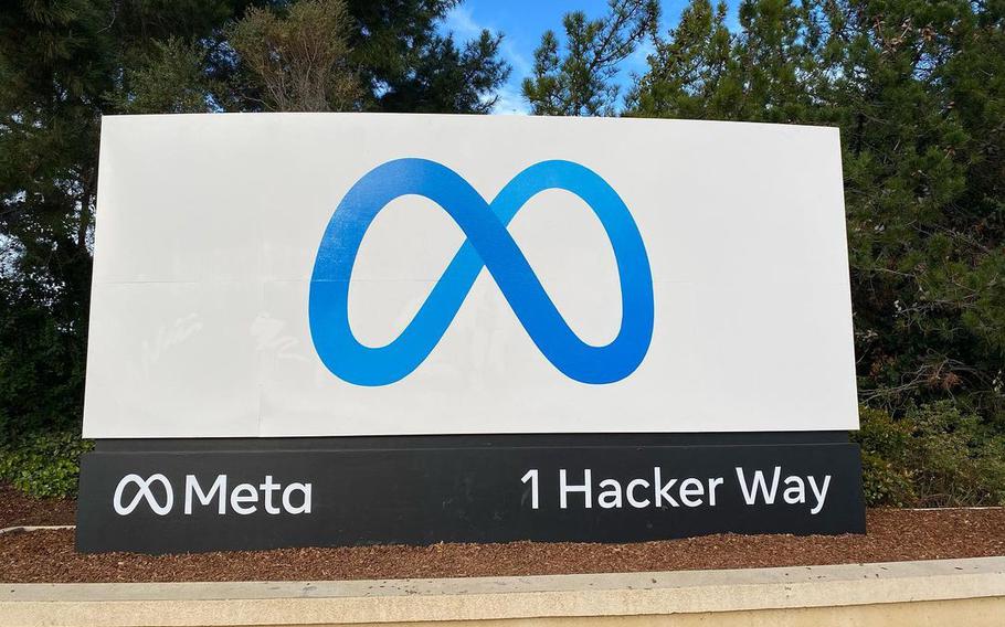 Entrance sign at Meta’s headquarters complex in Menlo Park, Calif.