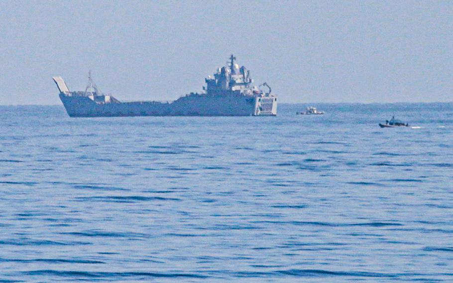 The U.S. Army ship General Frank S. Besson Jr. Logistic Support Vessel (LSV-1) in the Mediterranean sea off the coast of the Gaza Strip, on May 16, 2024. 