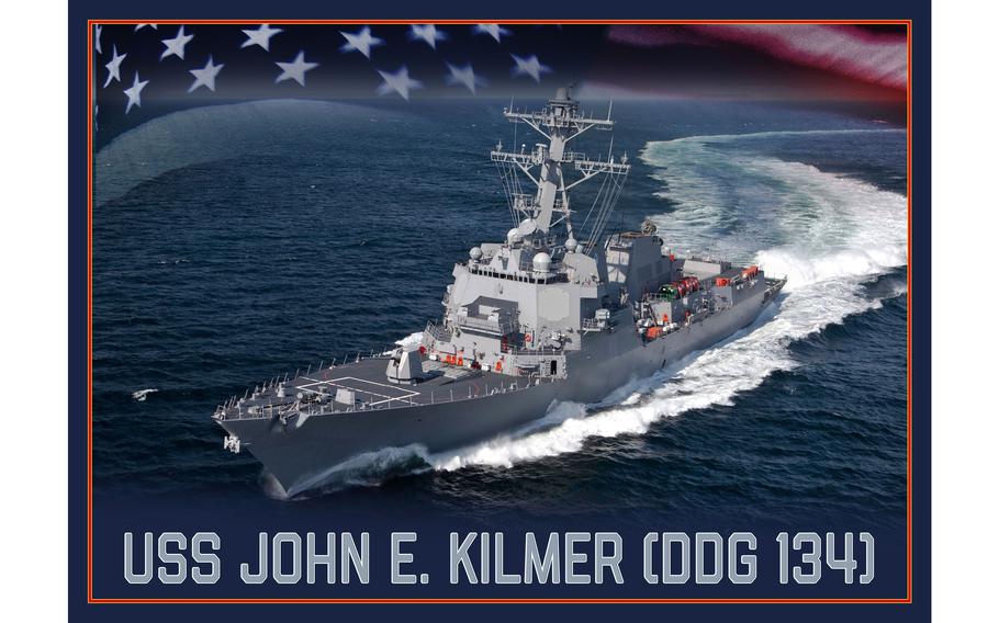 A photo illustration announcing that Arleigh-Burke class destroyer, DDG 134, will be named USS John E. Kilmer.