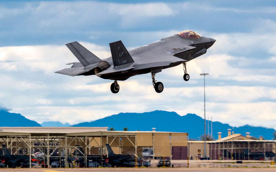 An F-35A Lightning II takes off on March 2, 2023, from Luke Air Force Base, Ariz. A maintainer at Luke left a flashlight inside the $14 million engine of an F-35 during maintenance. The mistake severely damaged the engine blades.