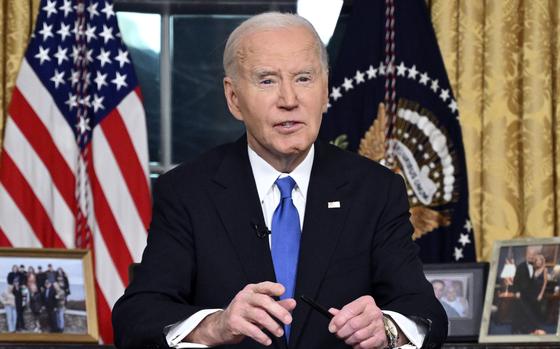 President Joe Biden speaks from the Oval Office of the White House as he gives his farewell address Wednesday, Jan. 15, 2025, in Washington. (Mandel Ngan/Pool via AP)