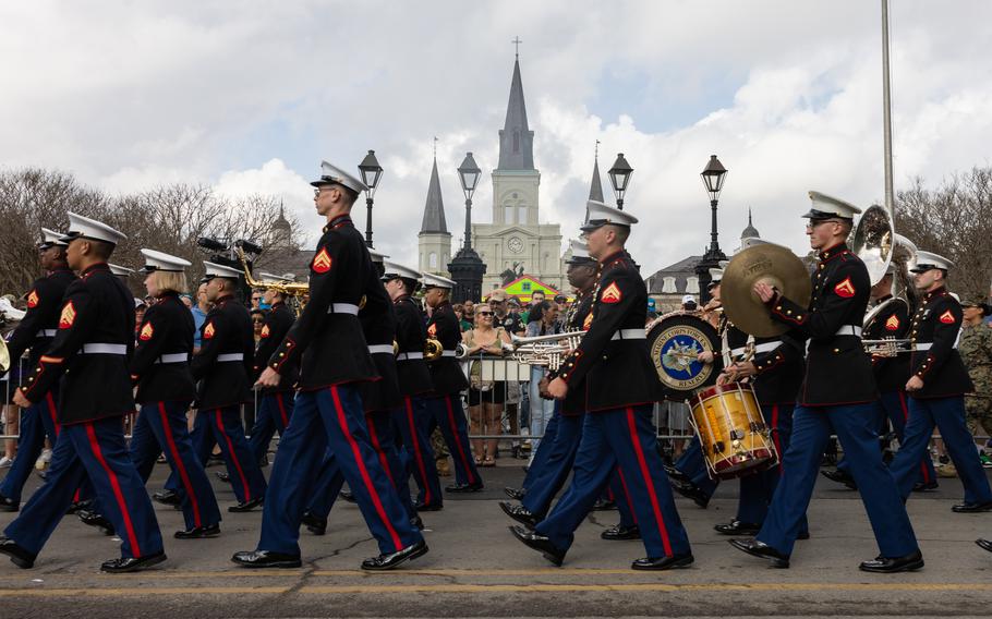 The Marine Forces Reserve Band marches past Jackson Square