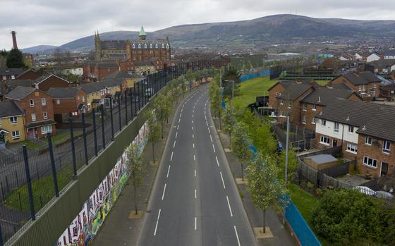 An ariel view of the so called Peace Wall is seen on April 3, 2023 in Belfast, Northern Ireland. The Good Friday Agreement, signed on April 10, 1998, ended most of the violence during the decades-long conflict known as The Troubles. The Peace Walls protect the communities from attacks from one another, some have been removed but in some instances other walls have become higher and longer since the Good Friday Agreement. (Charles McQuillan/Getty Images/TNS)
