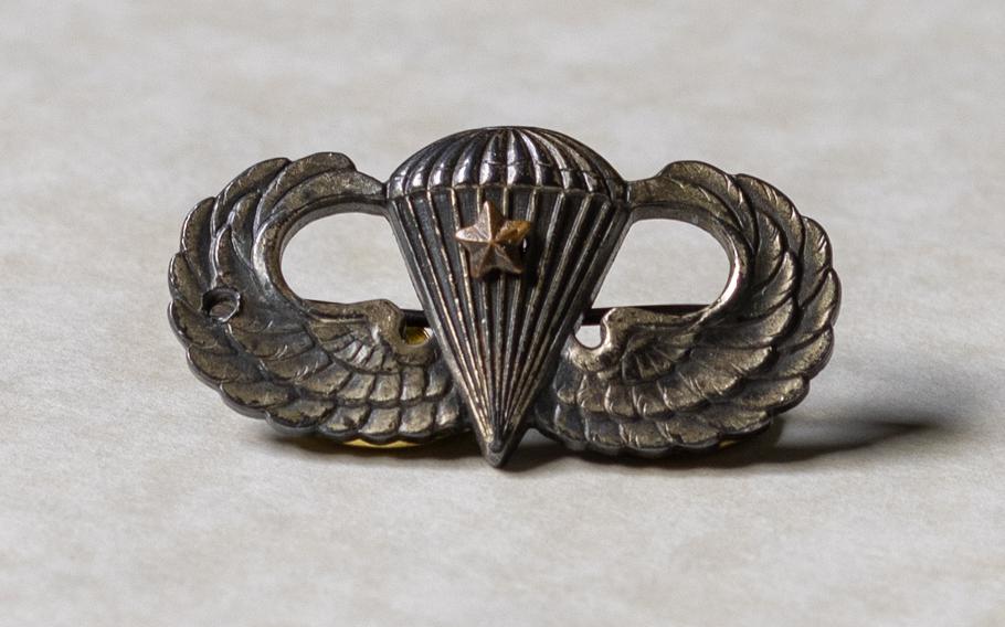 The jump wings awarded to Lee Jackson Bowers, a first lieutenant, who participated in D-Day airborne operations on June 6, 1944.
