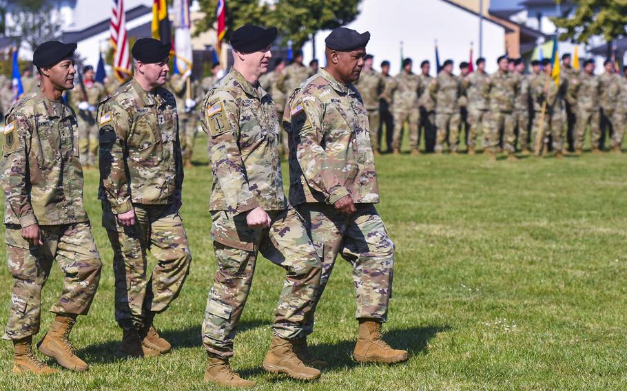 Maj. Gen. Andrew Gainey, Maj. Gen. John Rafferty, Col. Seth Knazovich and Gen. Darryl Williams march during the inspection of troops as part of the 56th Artillery Command change of command ceremony June 13, 2024, on Clay Kaserne in Wiesbaden, Germany. 