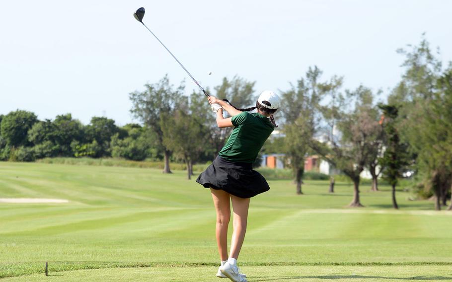 2021 champion and defending runner-up Julizka Aguirre of Kubasaki tees off on the 414-yard, par-4 seventh hole. She finished second for the second straight year.