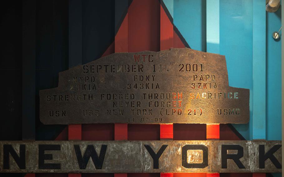 World Trade Center steel recovered from Ground Zero is shown in a passageway aboard the USS New York 