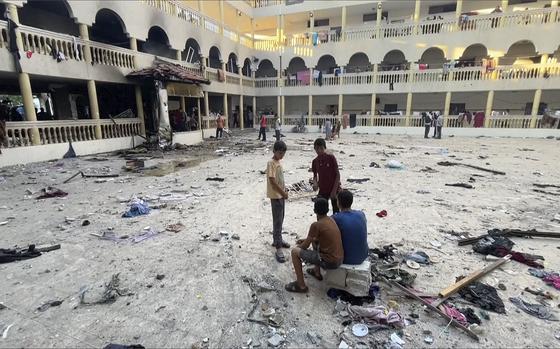 This image made from a video, shows the yard of a school after being hit by an Israeli airstrike in Gaza City Saturday, Aug. 10, 2024. (AP Photo)