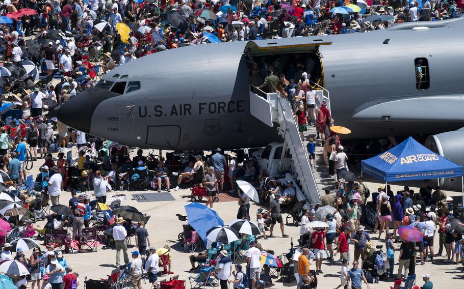 Crowds gather to watch aerial performers as part of the Warriors over the Wasatch air show at Hill Air Force Base, Utah, June 29, 2024.