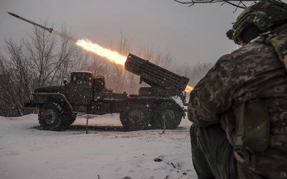 A Ukranian rocket launcher fires.