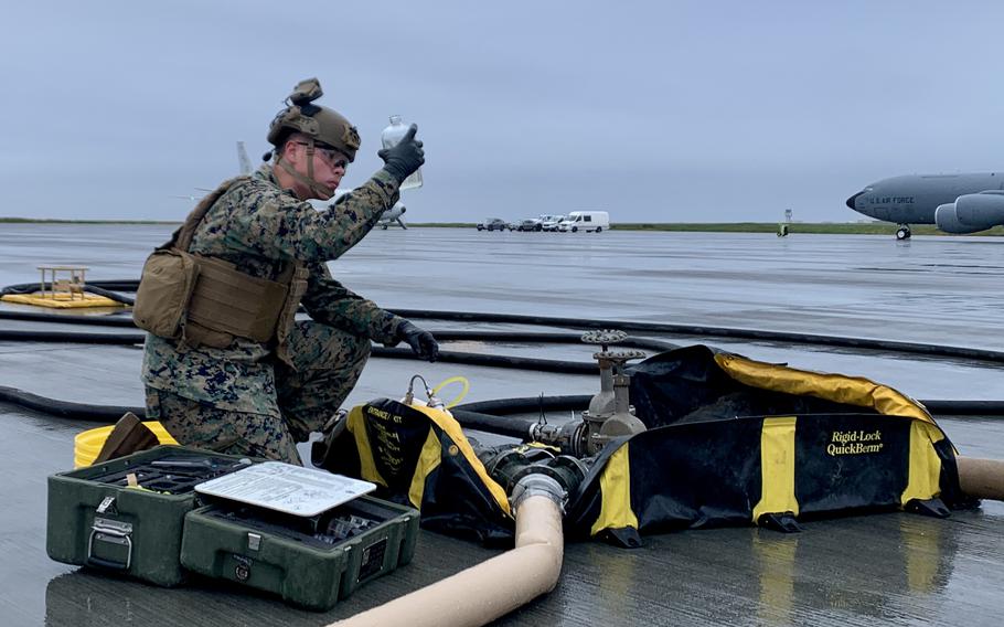 Lance Cpl. Matthew Trudeau of Marine Wing Support Squadron 271 tests fuel for sediment and water at Keflavik Air Base in Iceland Sept. 2, 2024, during the U.S.-led Northern Viking exercise. Members of the squadron also toured civilian aviation fuel facilities on the island to increase their knowledge needed for Contingency Quality Assurance Specialist – Fuels certification. 