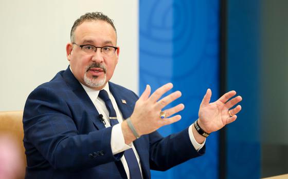 U.S. Secretary of Education Miguel Cardona meets Atlanta Journal-Constitution reporters and editors on Jan. 16, 2024, in Atlanta. (Jason Getz/The Atlanta Journal-Constitution/TNS)