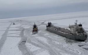 U.S. Coast Guard Air Station Detroit deploys a helicopter crew to conduct overflights of Canadian vessel Manitoulin trapped in a frozen Lake Erie on Saturday, Jan. 25, 2025 in Buffalo, N.Y. (U.S. Coast Guard Air Station Detroit via AP)