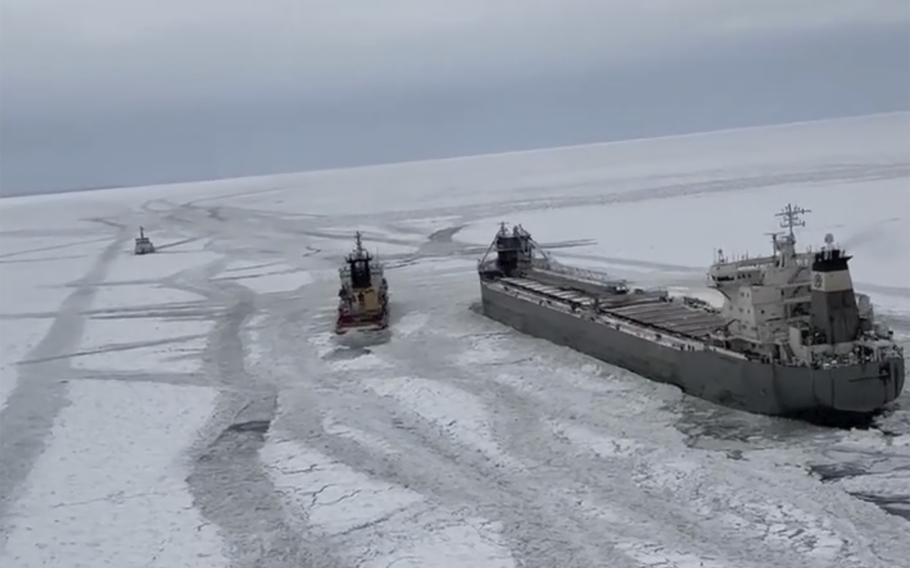 A view of the suck freighter in Lake Erie from a Coast Guard helicopter.