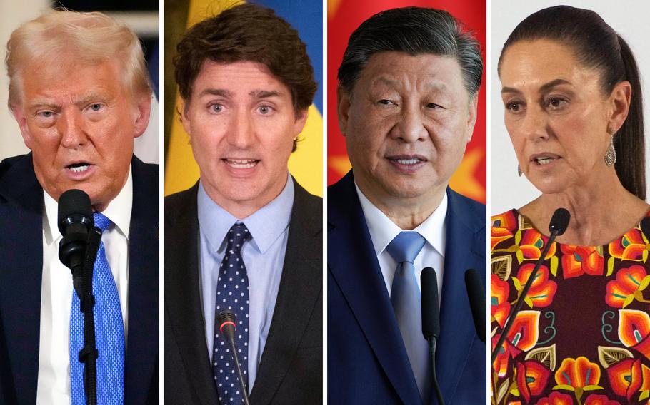 Combination image of side-by-side portraits of Donald Trump, Justin Trudeau, Xi Jinping and Claudia Sheinbaum.