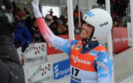 Army Sgt. Emily Sweeney receives congratulations after competing in a luge sprint race at the Lake Placid Olympic Center in New York, Dec. 16, 2017. 