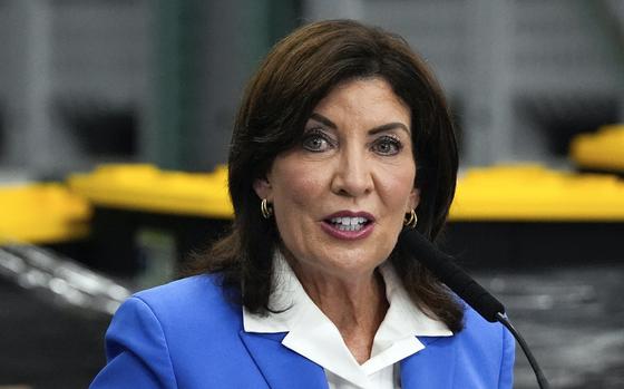 New York Gov. Kathy Hochul speaks at a press conference.