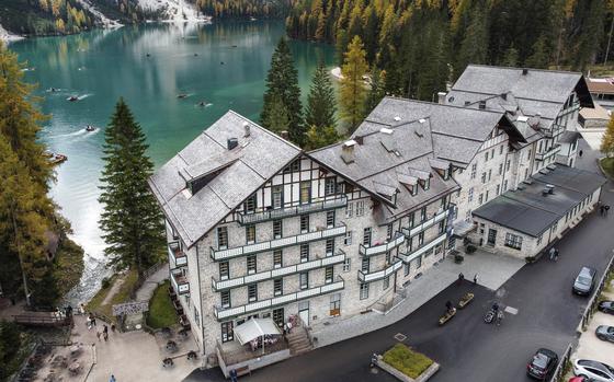 An aerial view of the Pragser Wildsee hotel and lake. 